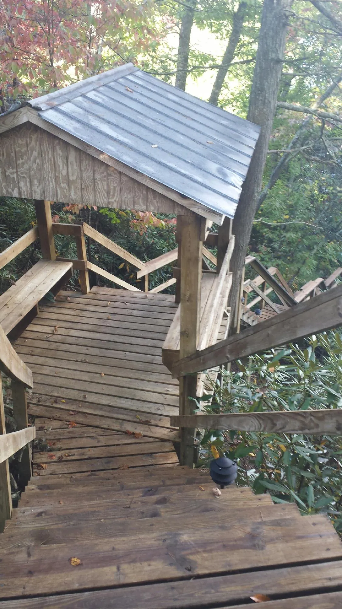 Metal roofed shelter over wooden steps on a wooded walkway — Skylight Repair & Installation work by our crew in Sweet Valley
